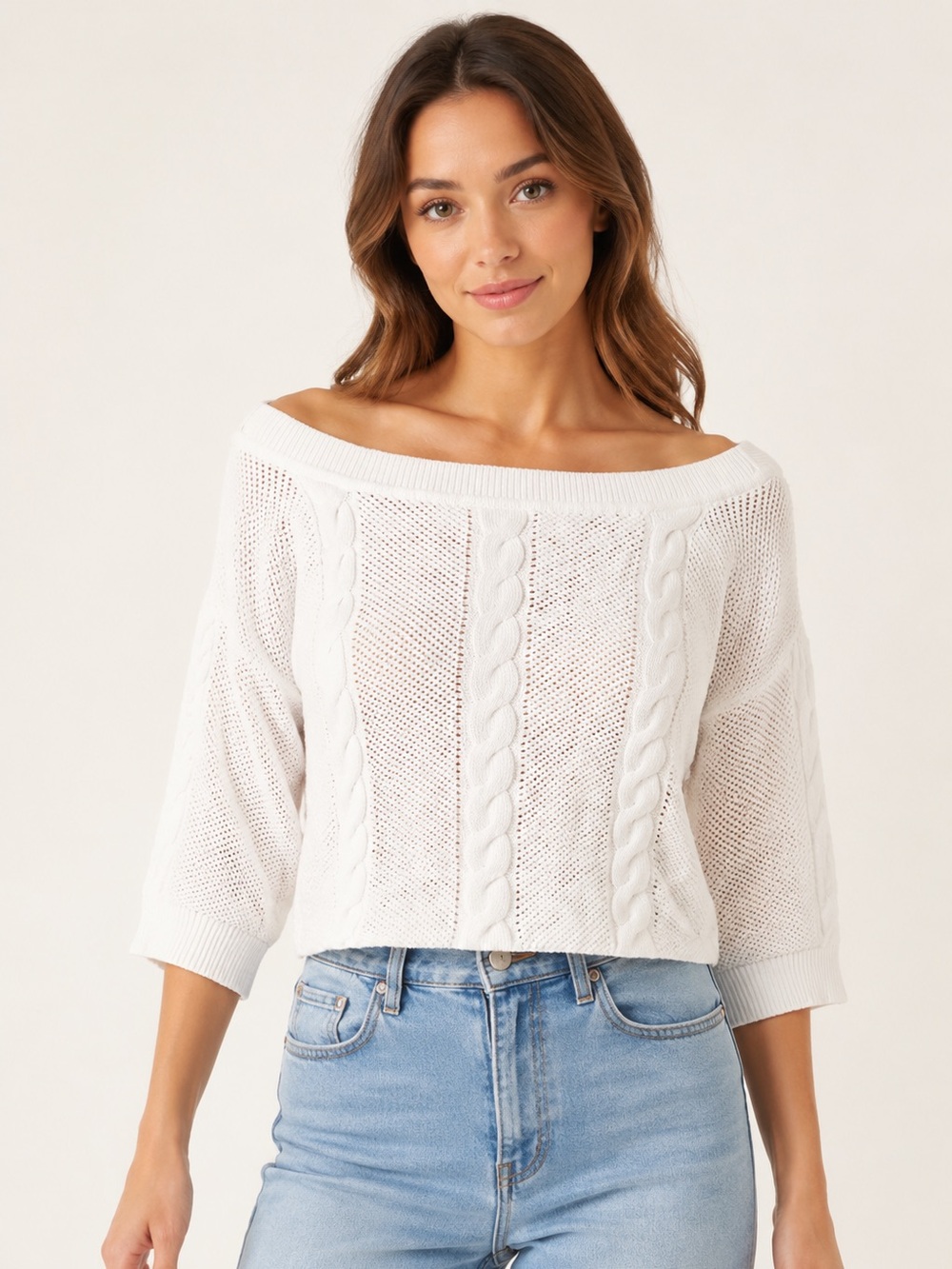 White House Black Market Cream Off-the-Shoulder Cable Knit Sweater